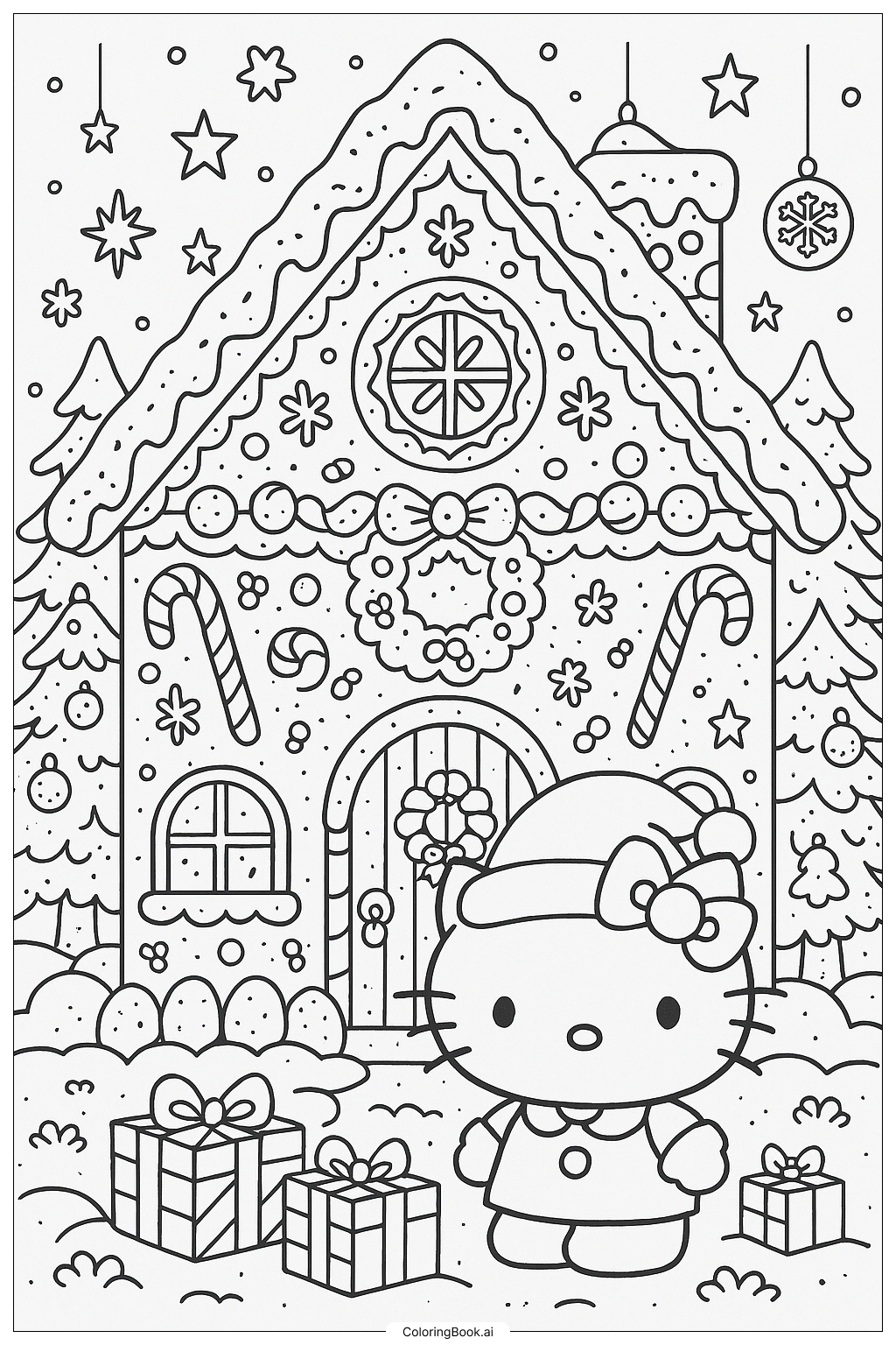  A Detailed Hello Kitty Gingerbread House Coloring Page 
