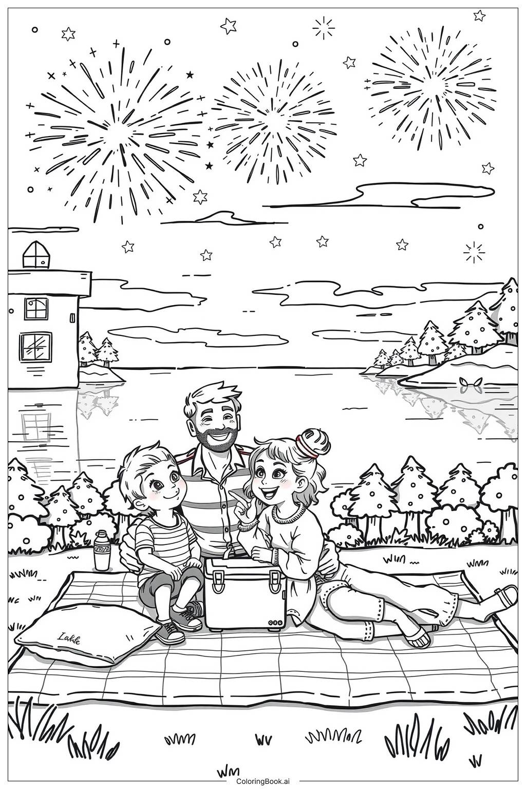  Family Watching Fireworks by the Lake Coloring Page 