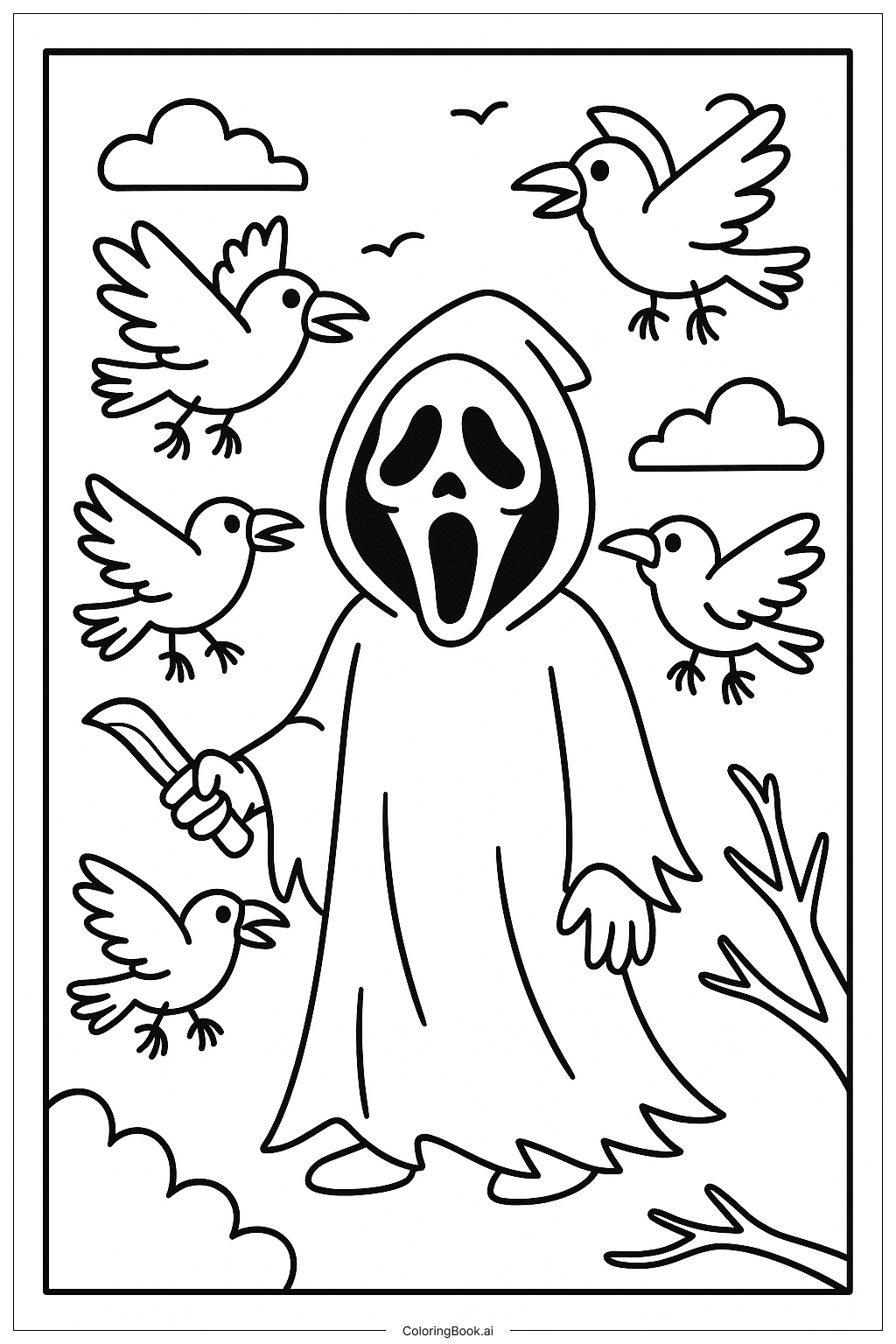 Página para colorear de Ghostface rodeado de cuervos