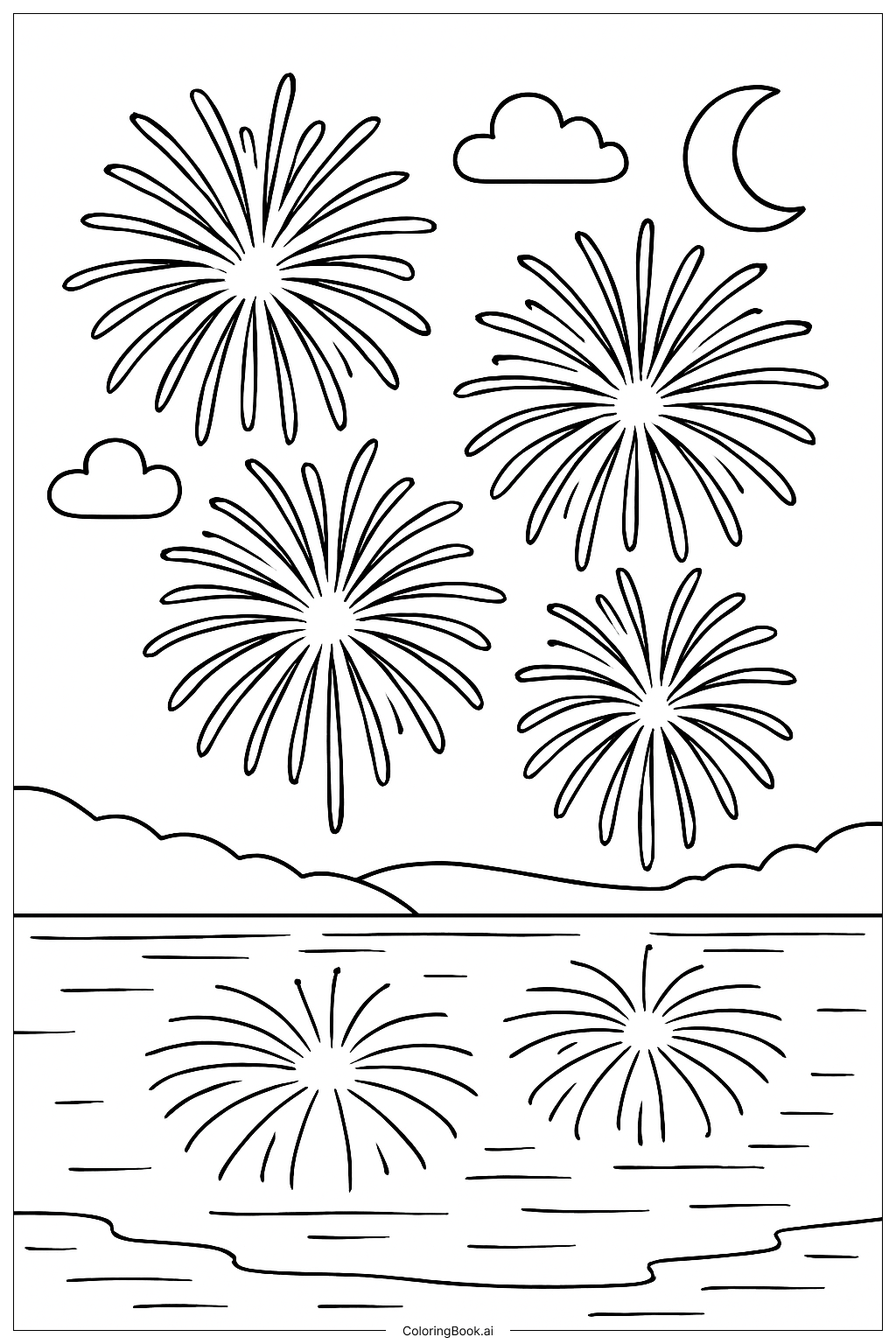 Fireworks Over A Quiet Lake Coloring Page