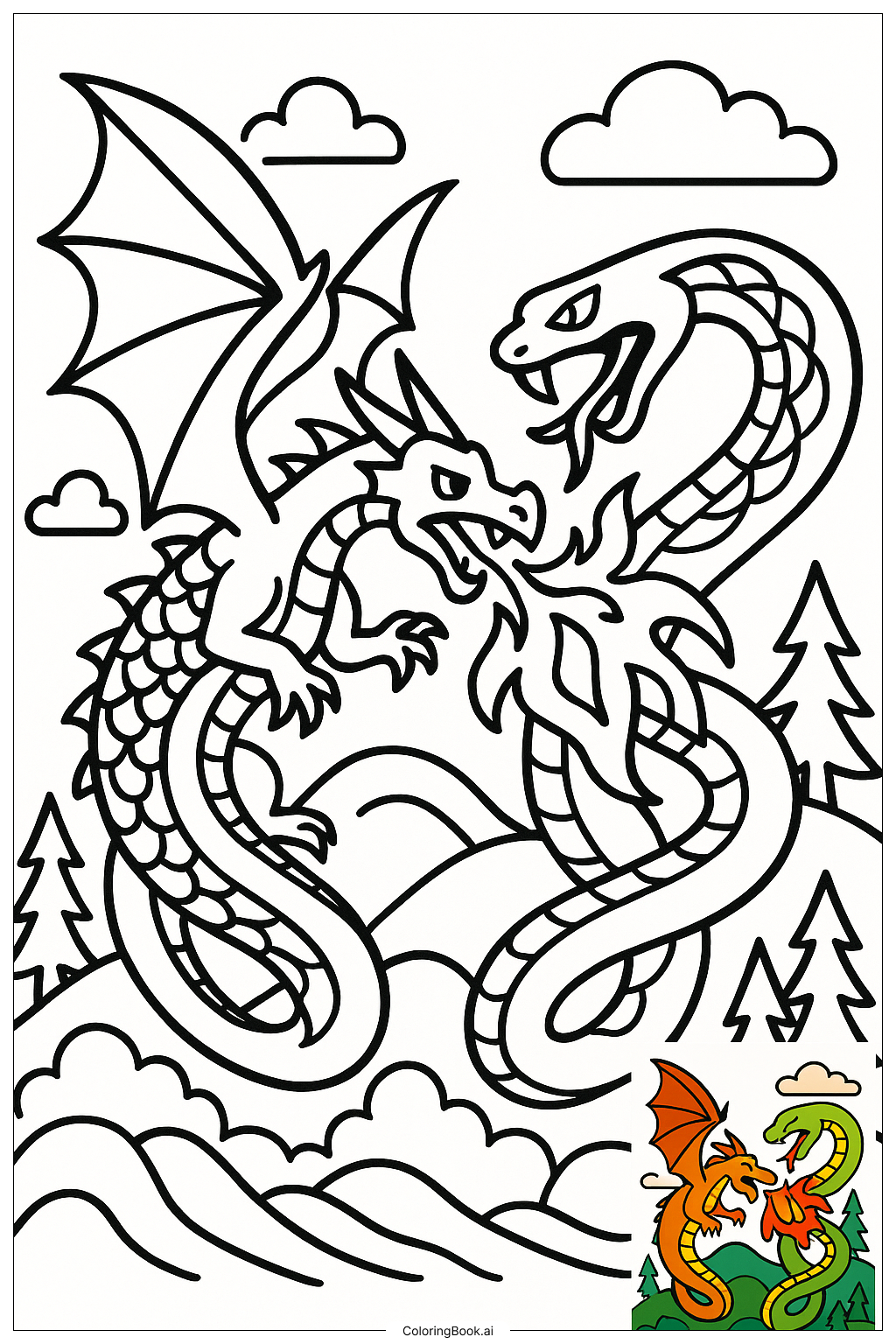  ドラゴンと巨大な蛇の戦いの塗り絵ページ 