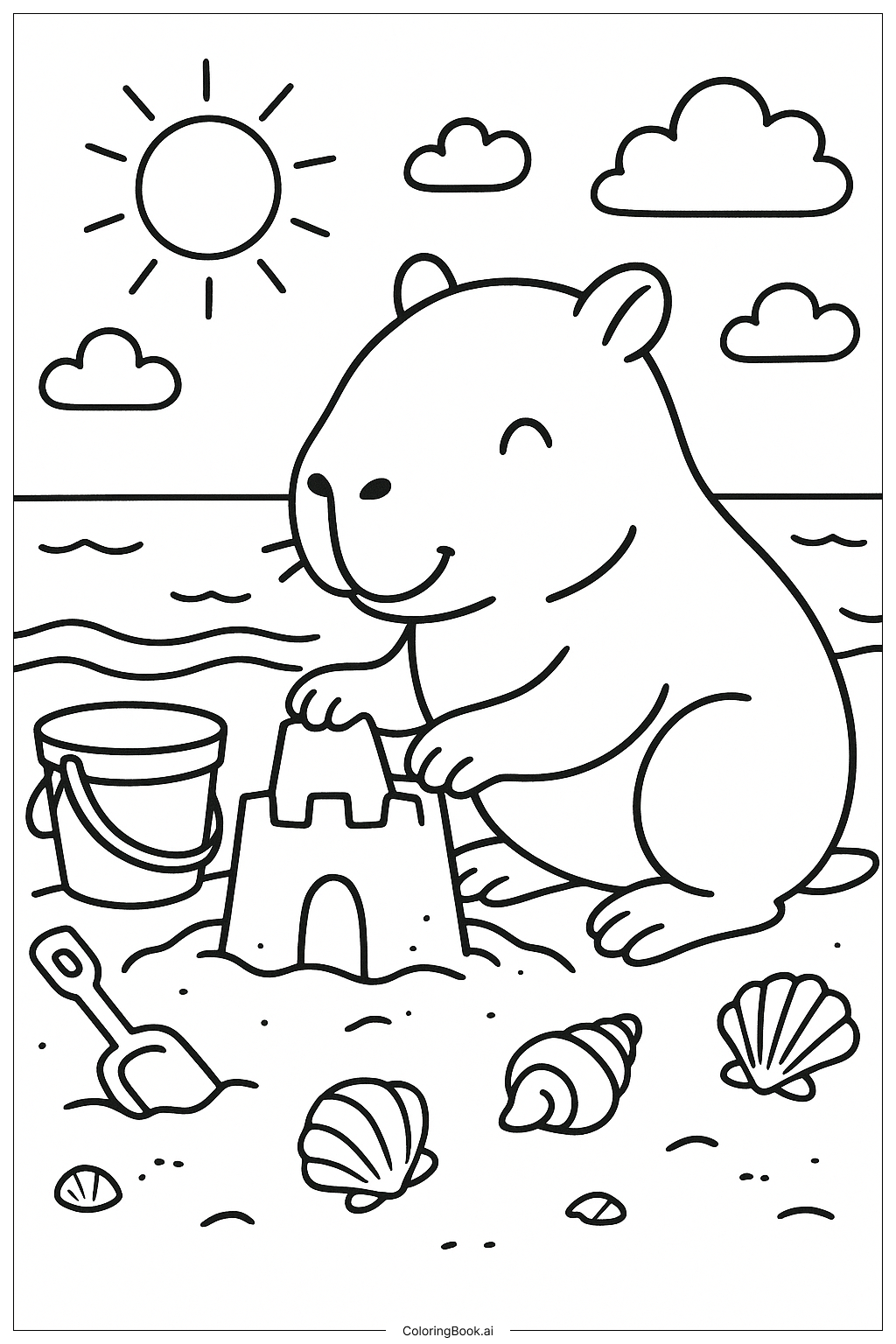  水豚在海灘堆沙堡著色頁 