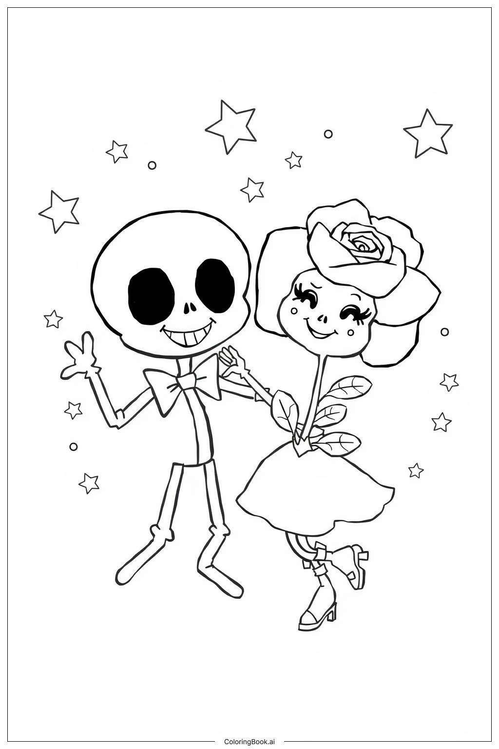  Página para colorear de Baile de Calaveras y Rosas 