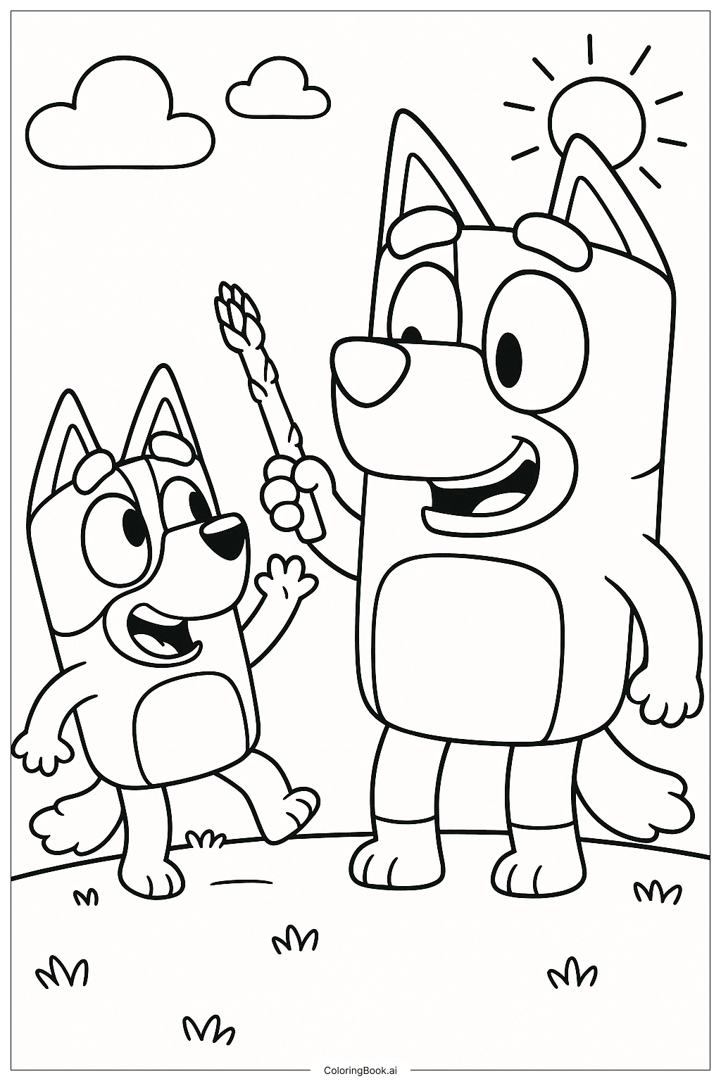  Página para colorir de Bluey e o Pai Jogando com o Aspargo Mágico 