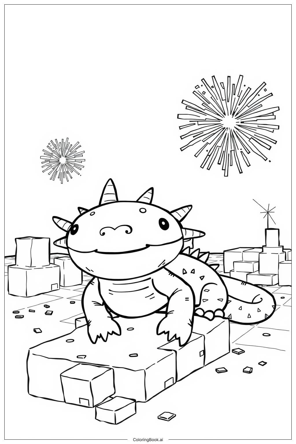 Axolotl Celebrating 2025 New Year in Minecraft Coloring Page (Free PDF