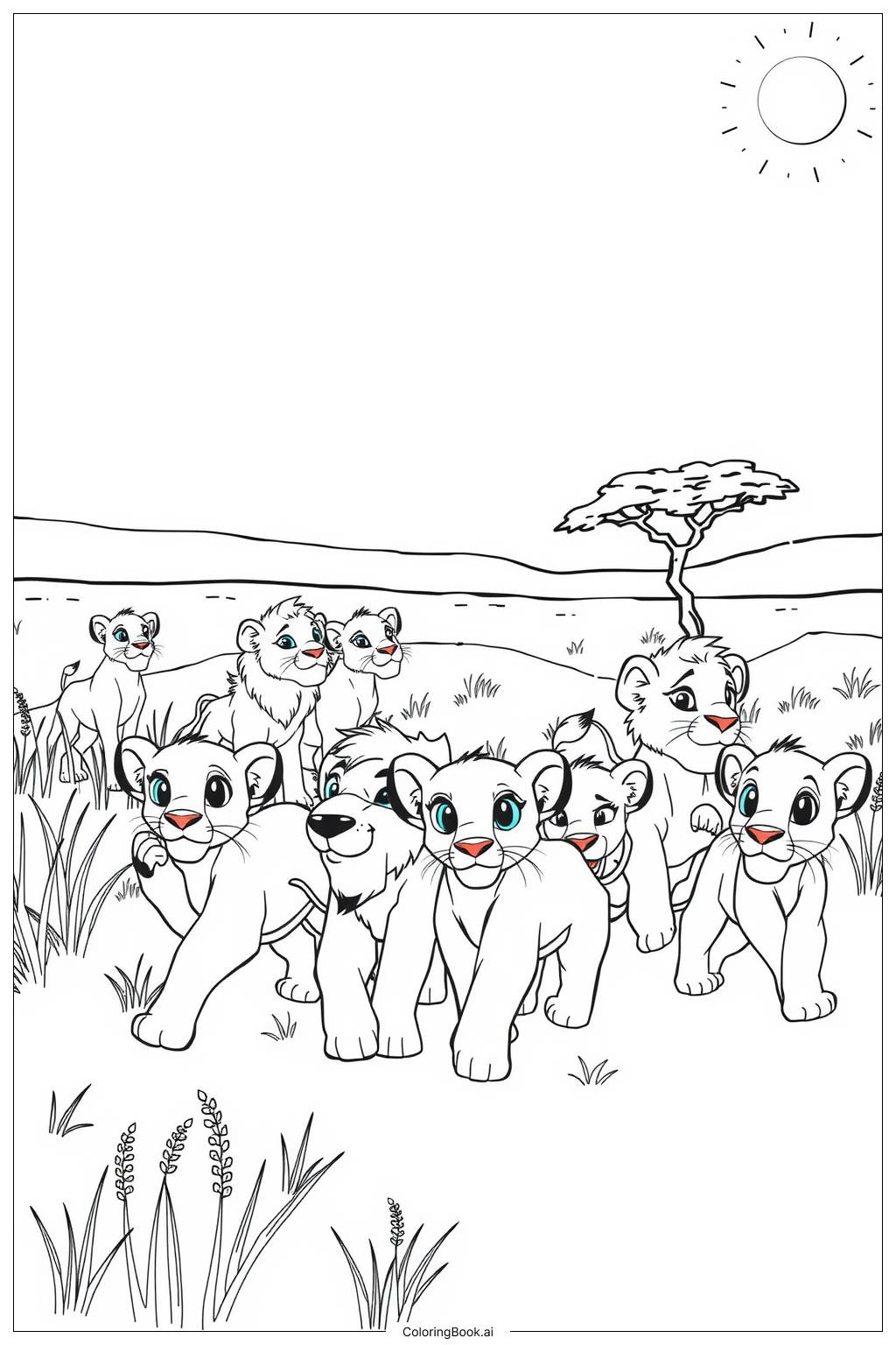  Page de coloriage Le Roi Lion Nala menant la fierté à travers la savane 