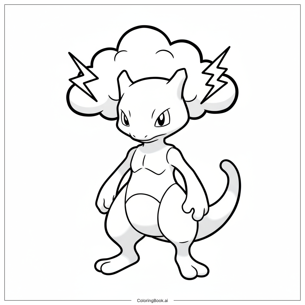  Page de coloriage Mewtwo Grognon Avec un Nuage d'Orage 