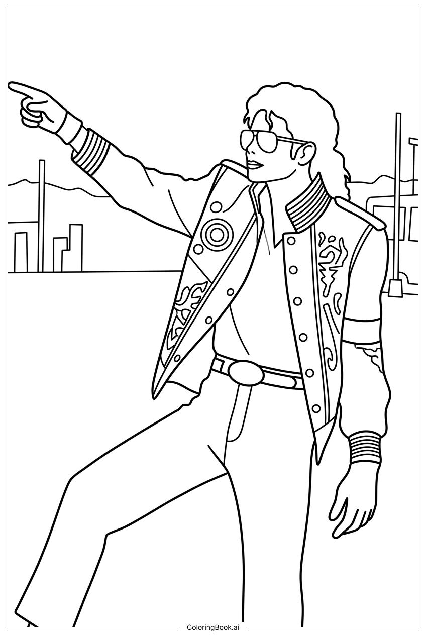 Michael Jackson pointing skyward on city street Coloring Page