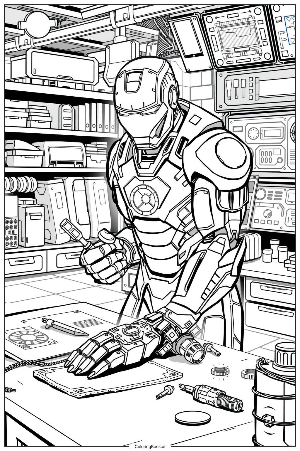  Página para colorear de Iron Man en su laboratorio trabajando 