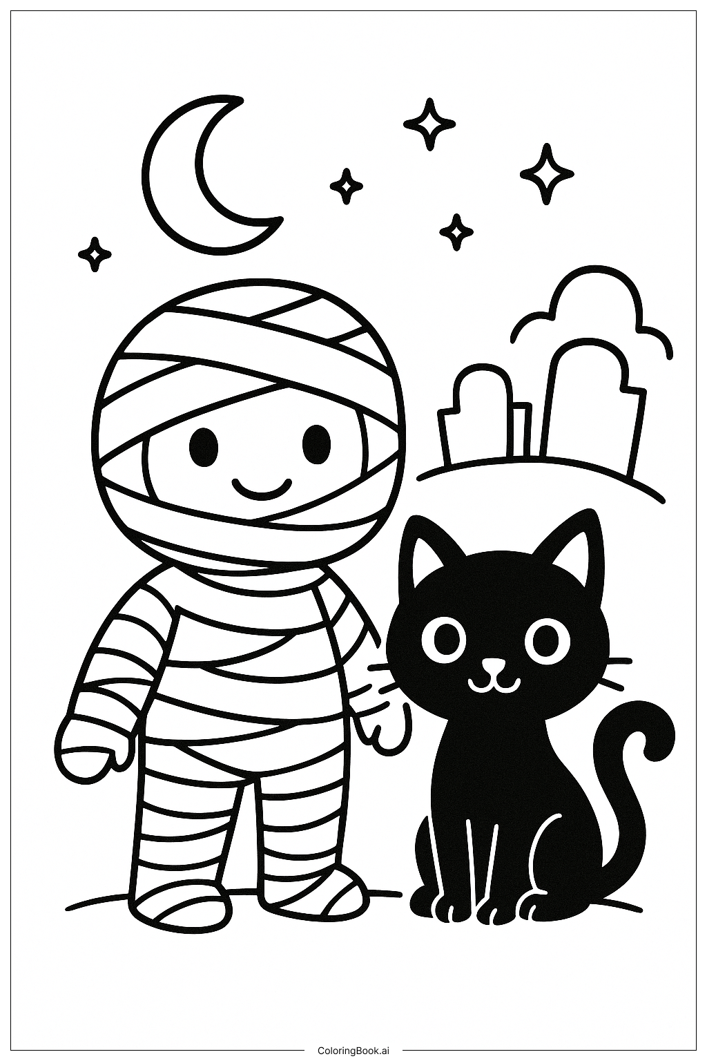  A Mummy And A Black Cat Coloring Page 