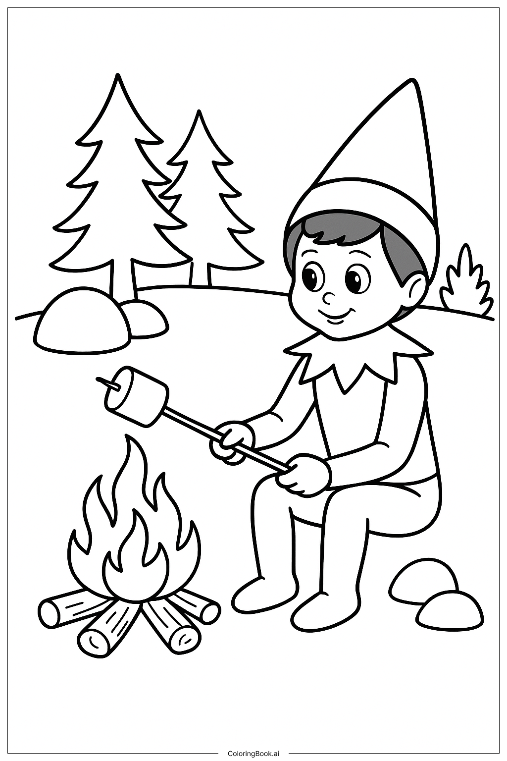  Página para colorir de Duende na Prateleira Assando um Marshmallow 