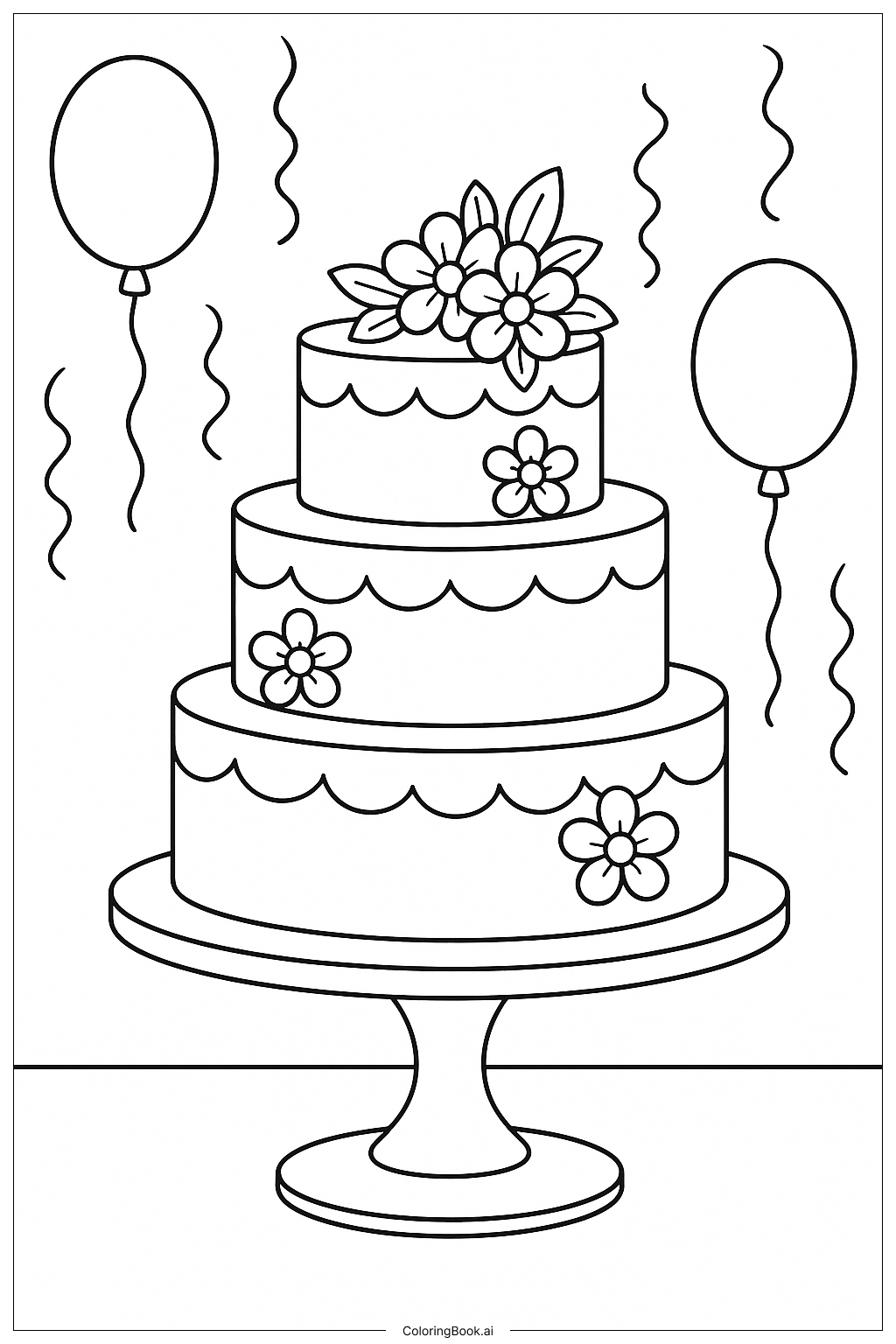  華やかな三段式結婚ケーキの塗り絵ページ 