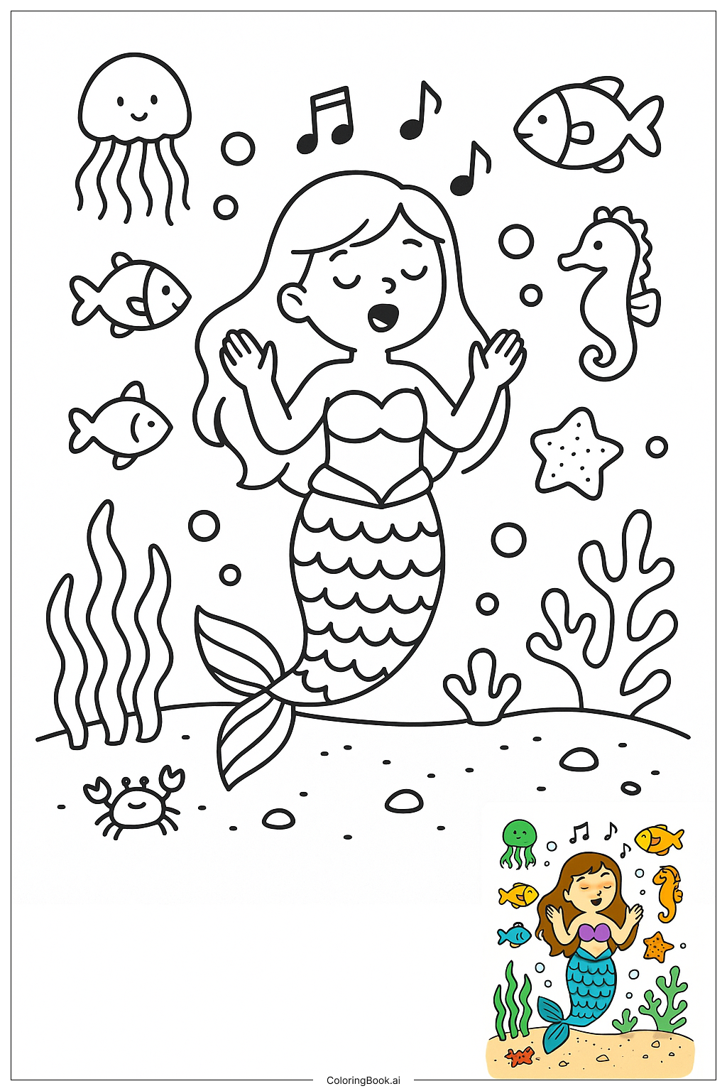  美人鱼唱歌给海洋生物填色页 