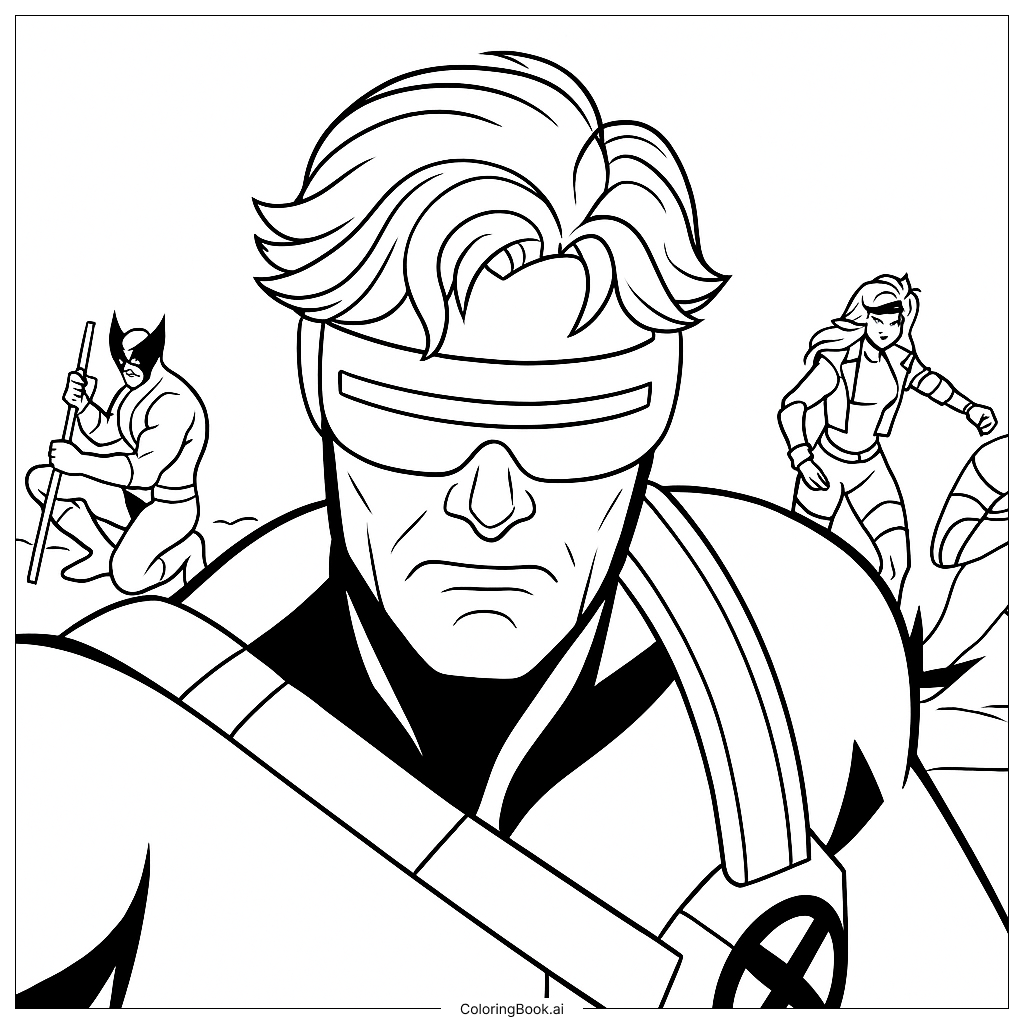  Página para colorear de Primer plano de Cíclope con Wolverine y Rogue 