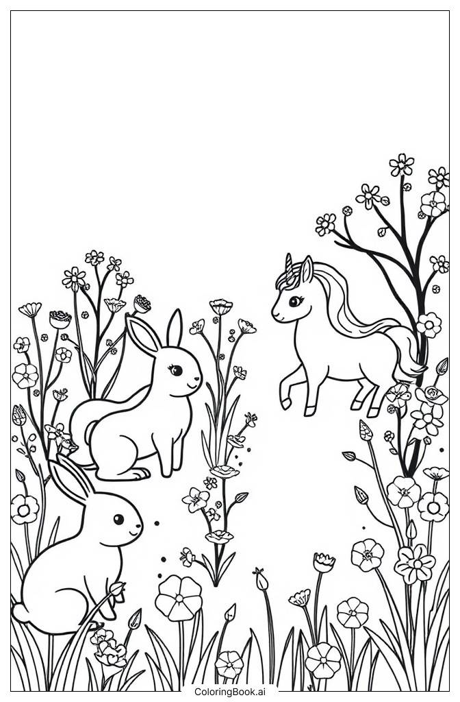  Página para colorear de Un jardín de ensueño de conejos y unicornios 