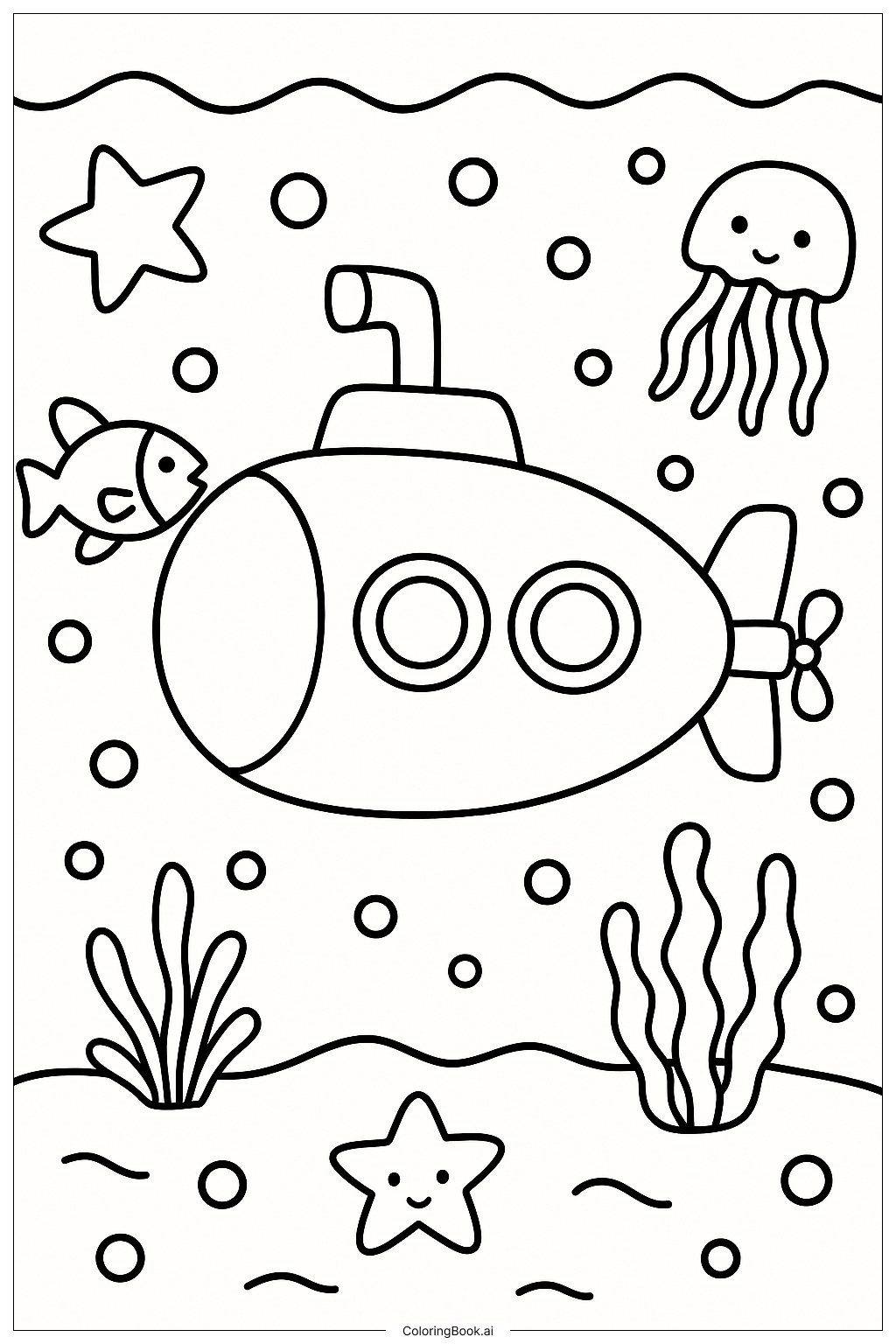  一艘潜水艇探险海洋填色页 