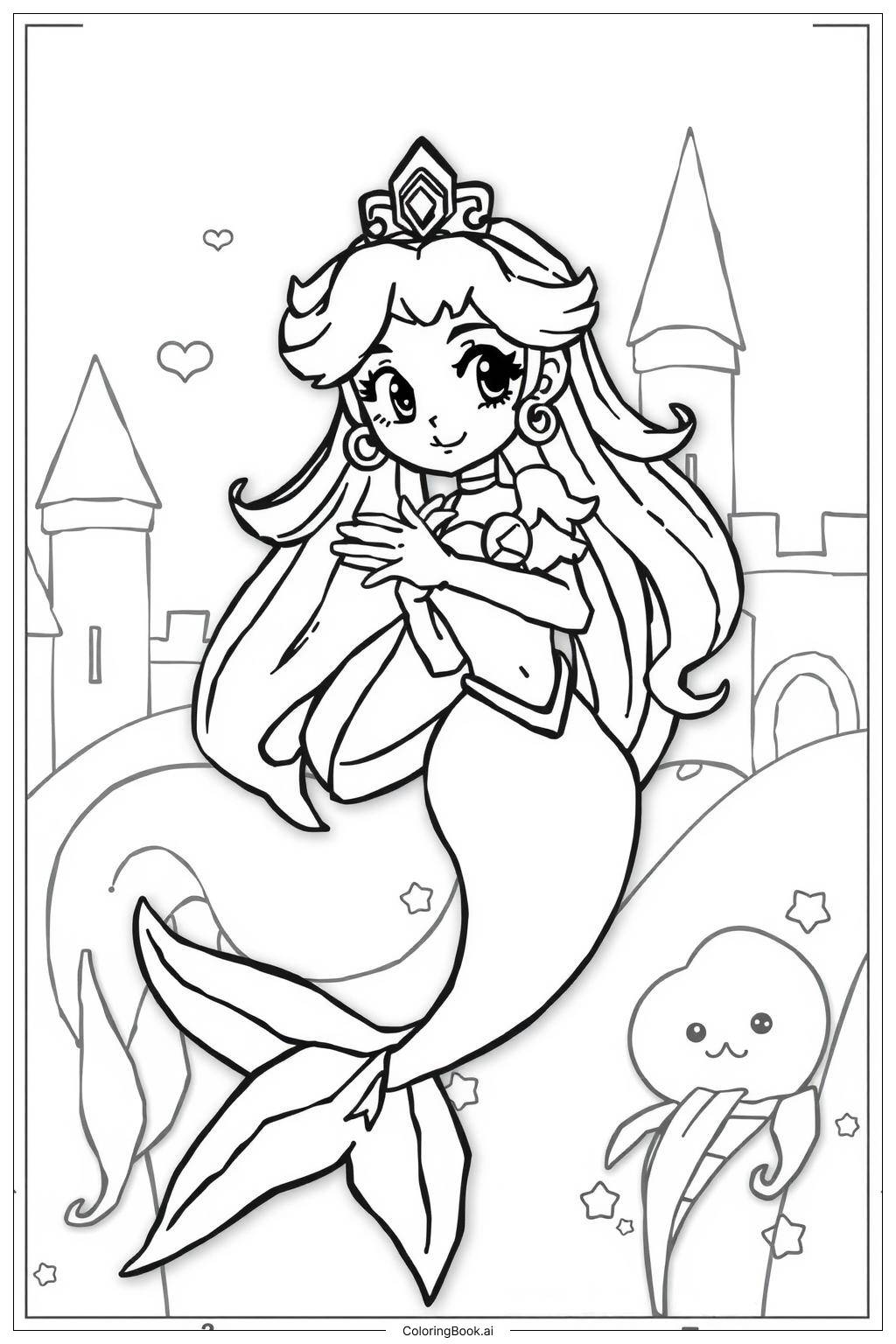  Page de coloriage Princesse Peach en sirène dans un château sous-marin 