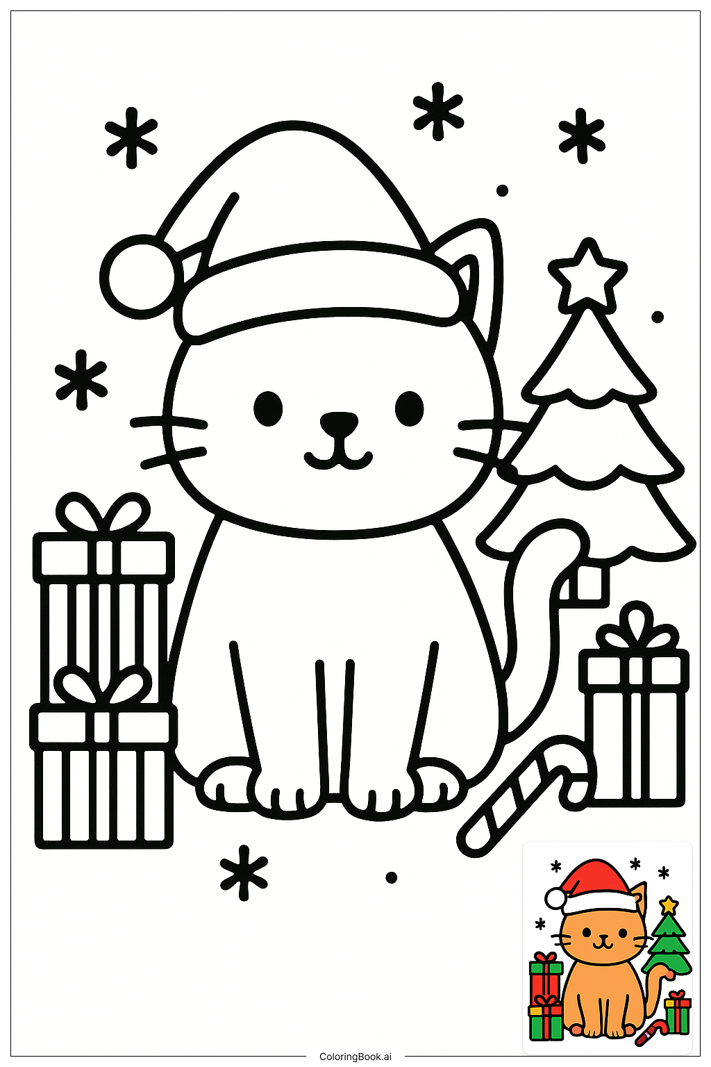  산타 모자를 쓴 크리스마스 고양이 색칠공부 페이지 
