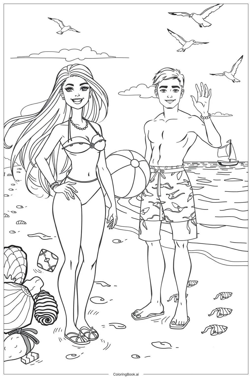  Page de coloriage barbie et ken à la plage 