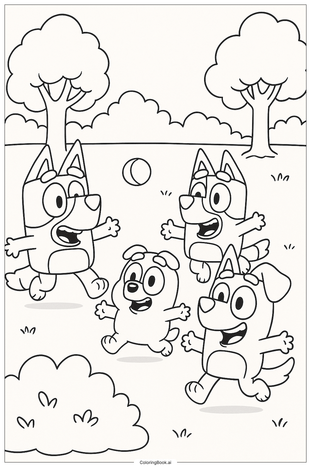  Página para colorear de Bluey y sus amigos jugando a las etiquetas en el parque 