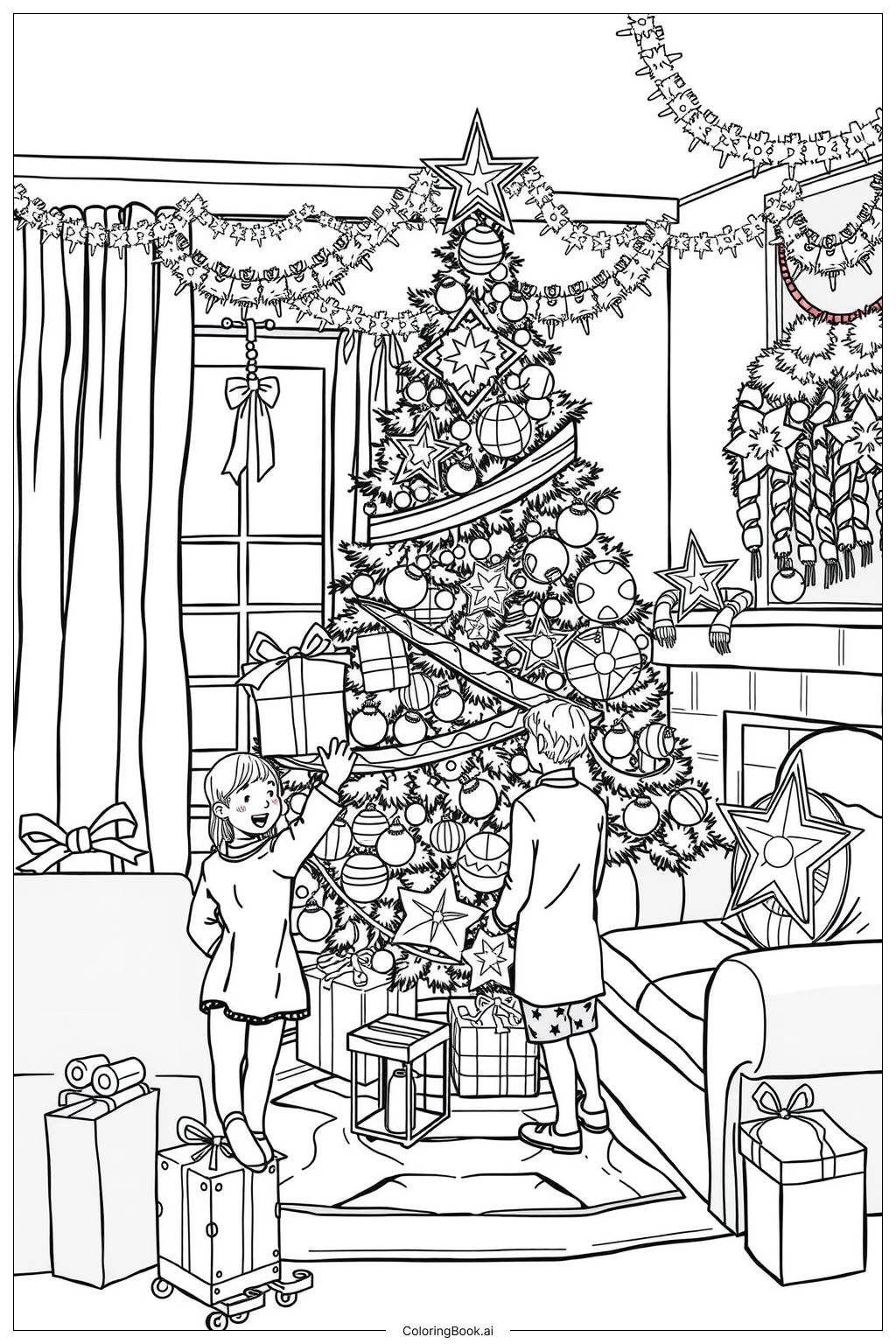  Christmas Tree Decorating Time-2 Coloring Page 