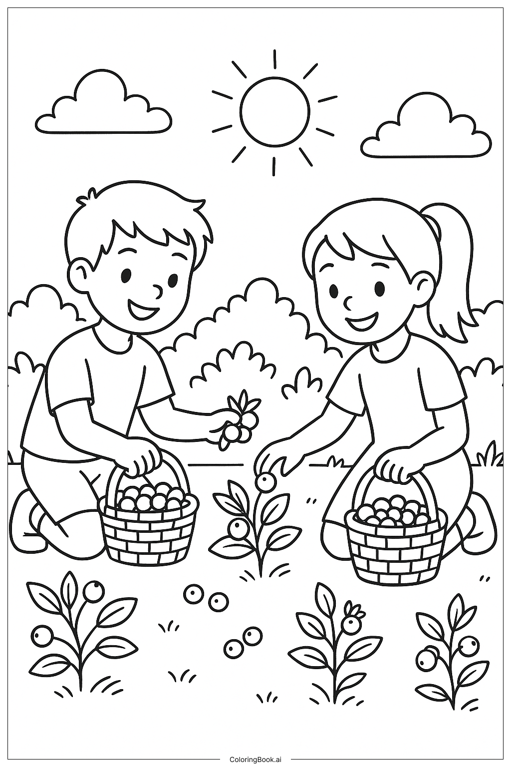  Children Picking Summer Berries In A Field Coloring Page 