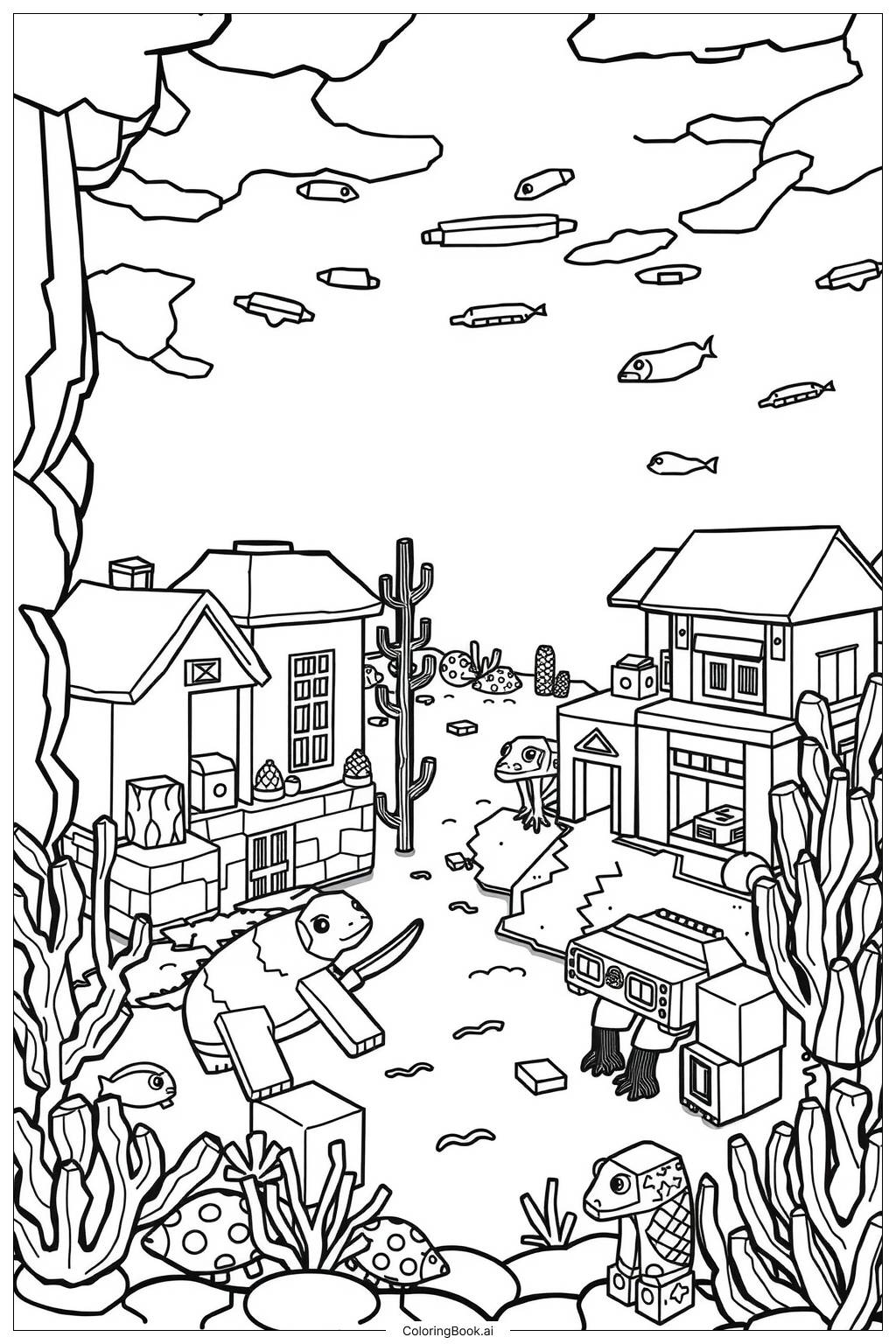  Page de coloriage Village Océanique Axolotl de Minecraft 