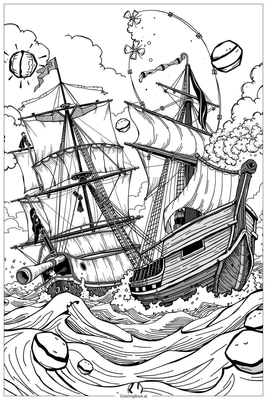  Pirate Battle Scene with Cannons Firing Coloring Page 