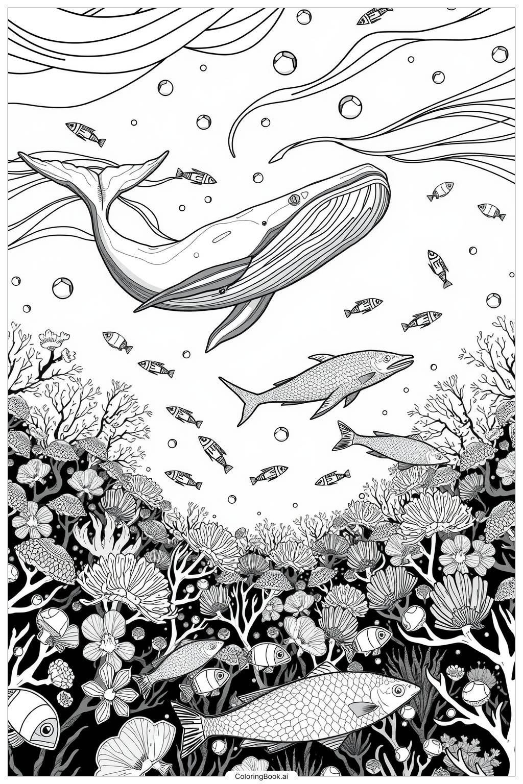  Page de coloriage Scène sous-marine avec des baleines colorées 