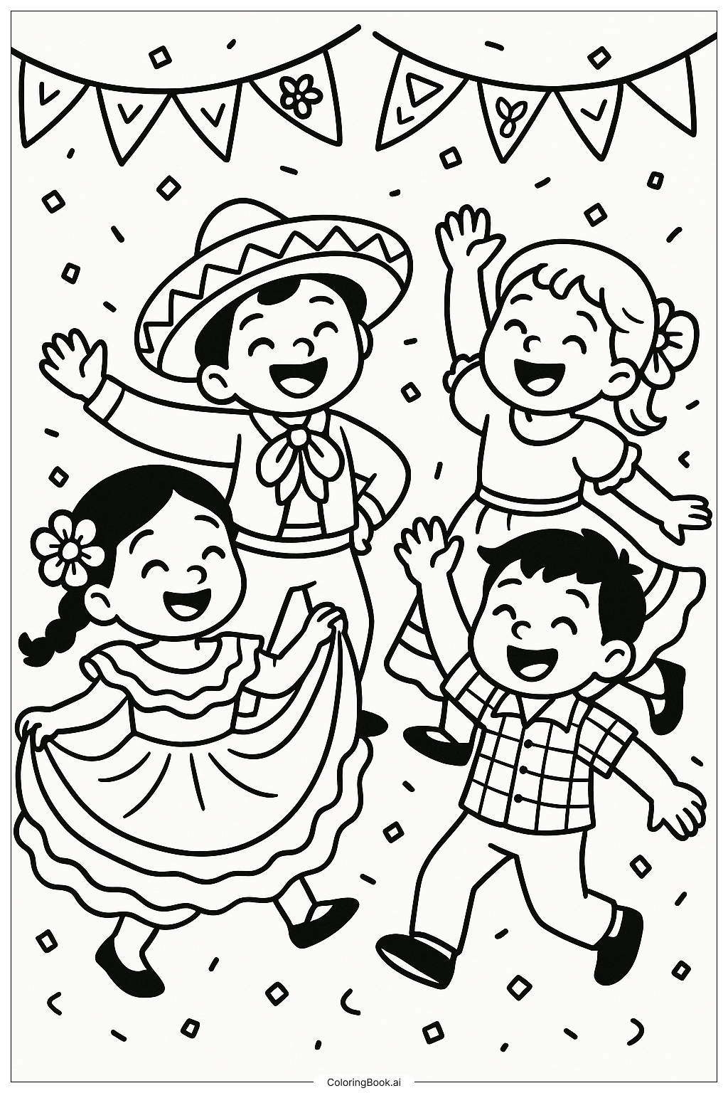  Kinder tanzen zum Hispanic Heritage Month Ausmalseite 