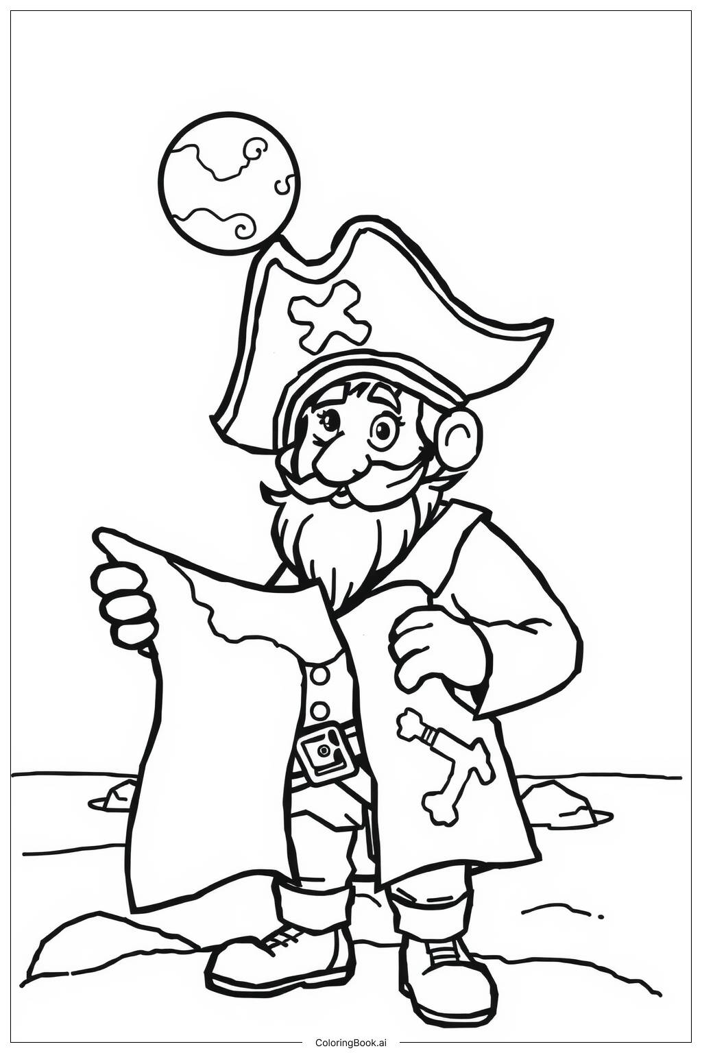  Pirate Reading a Treasure Map Under Moonlight Coloring Page 