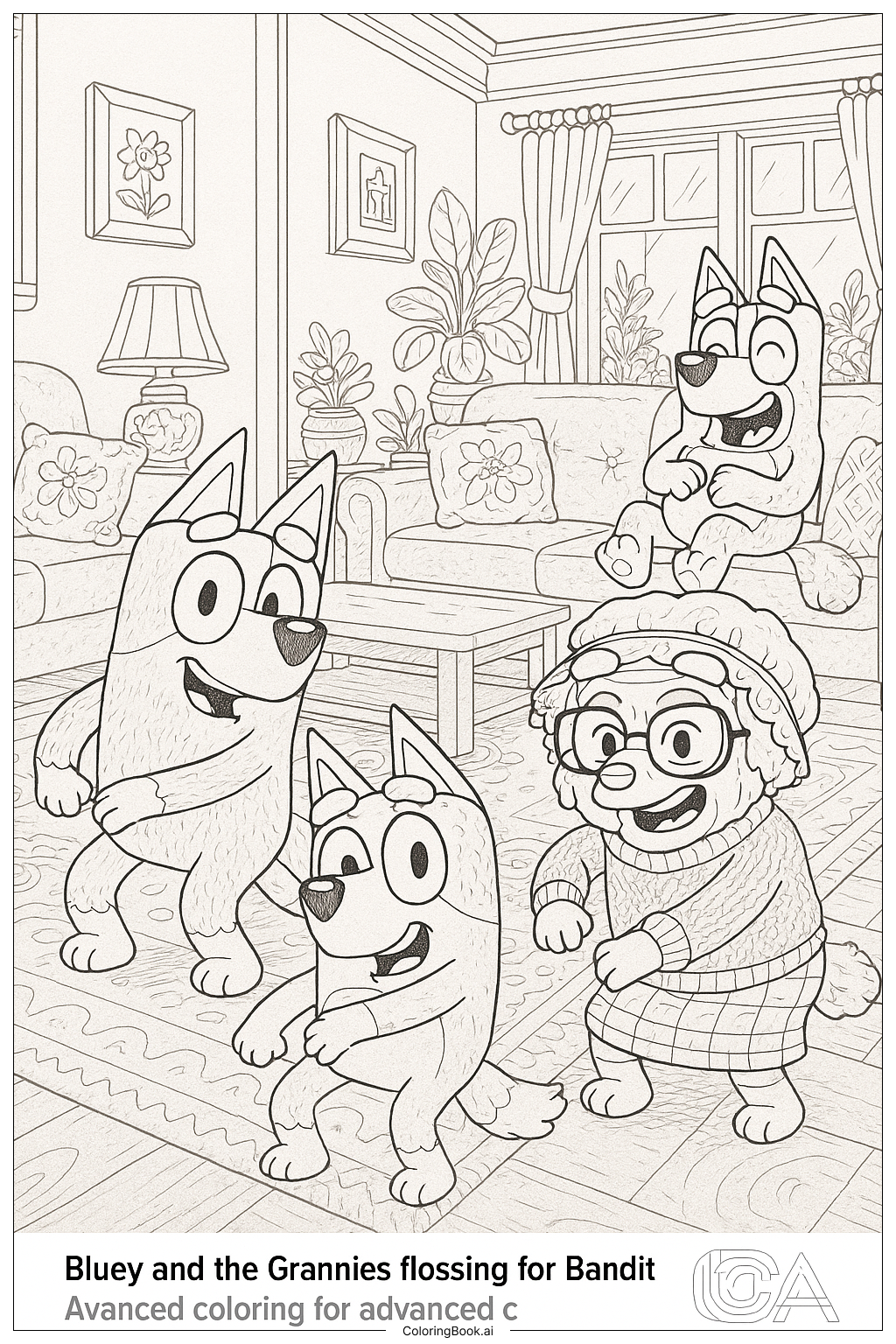  Page de coloriage Bluey et les grands-mères qui utilisent du fil dentaire pour Bandit 