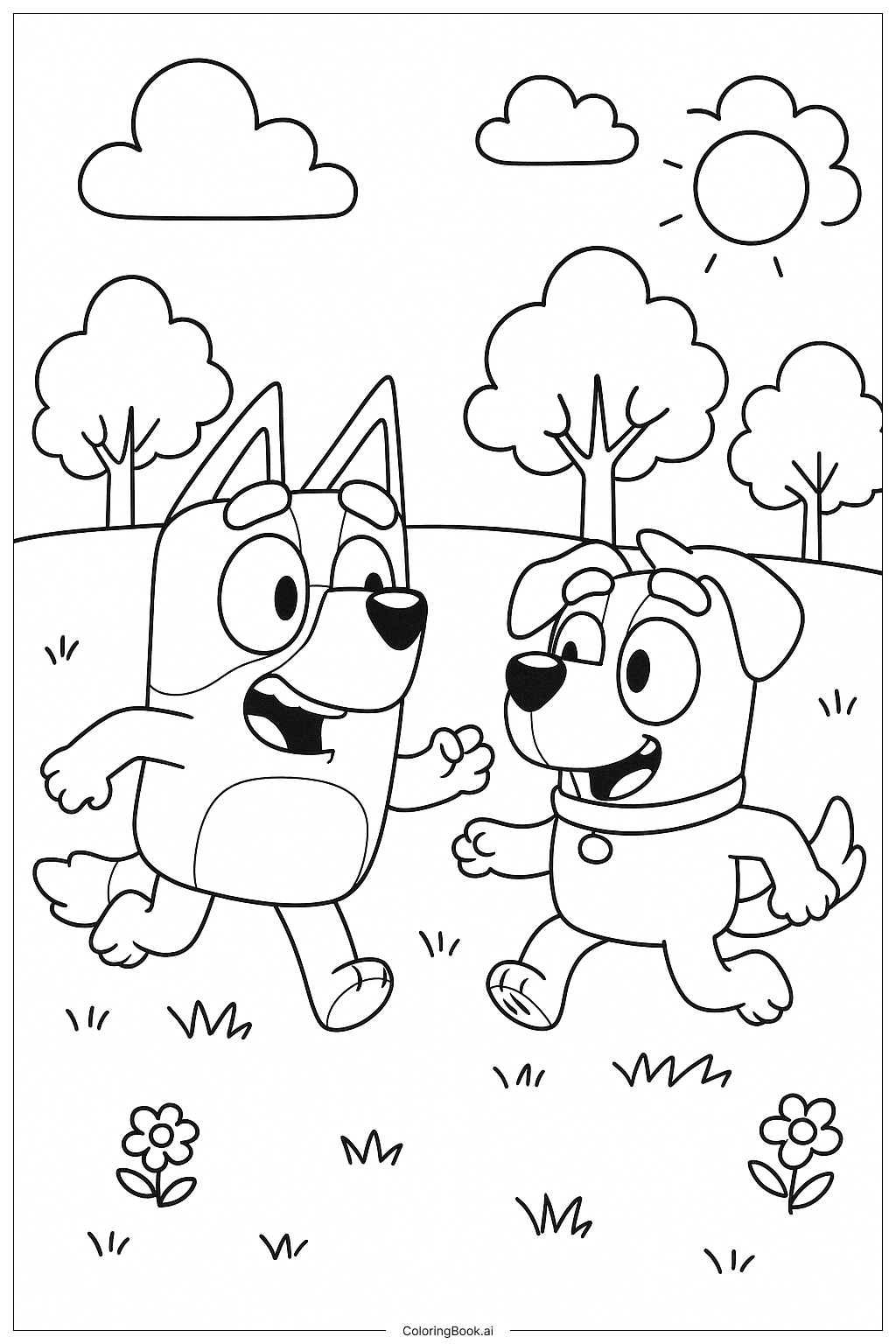  Página para colorear de Bluey y Lucky jugando en el césped 