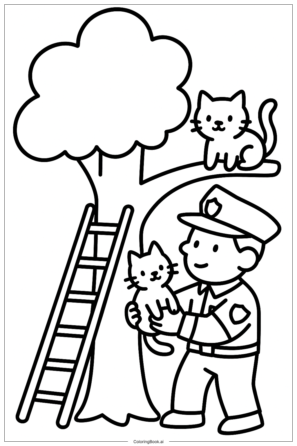  Police Rescue Cat from Tree Coloring Page 