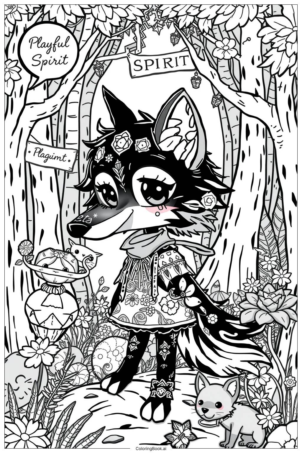  Page de coloriage Charmante Fille-Loup 