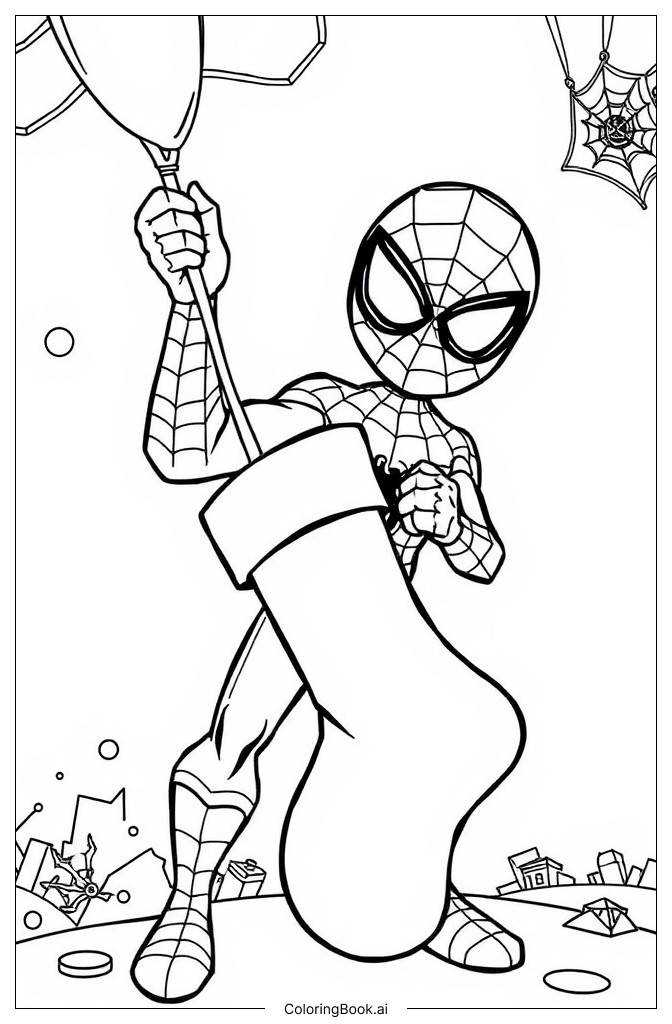  Página para colorir de Homem-Aranha com meia de Natal 