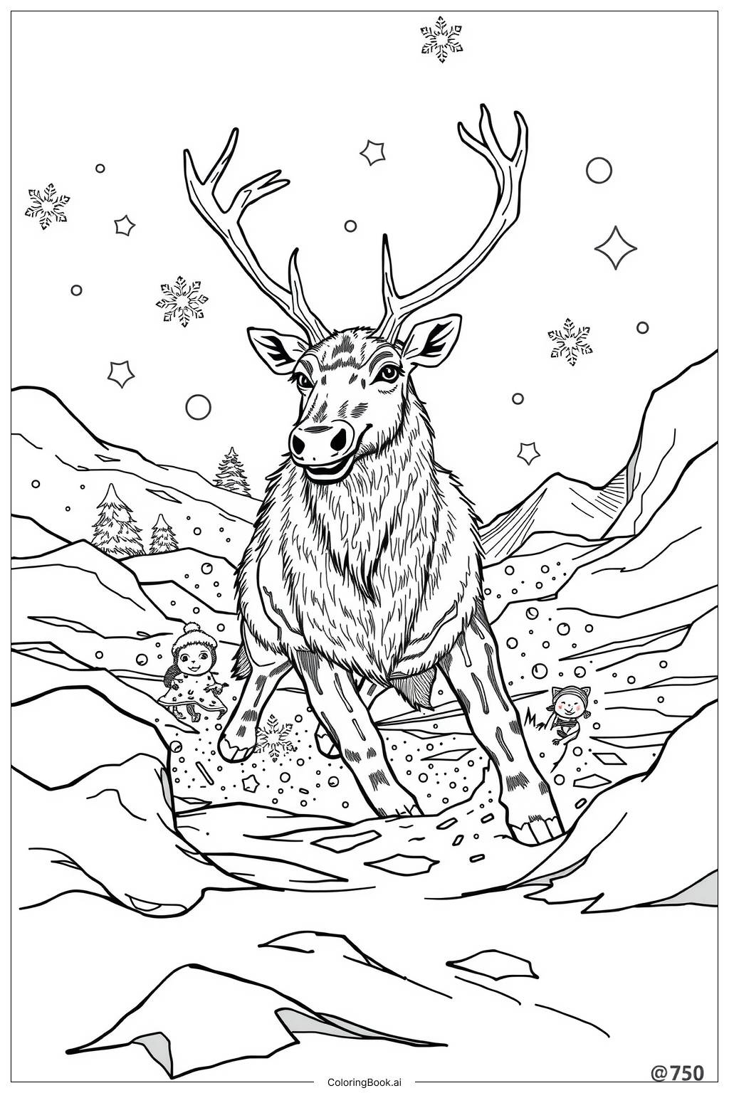  Page de coloriage Renne jouant dans la neige 