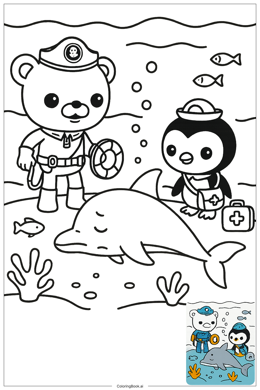 巴拿克船长和佩索救助海豚填色页