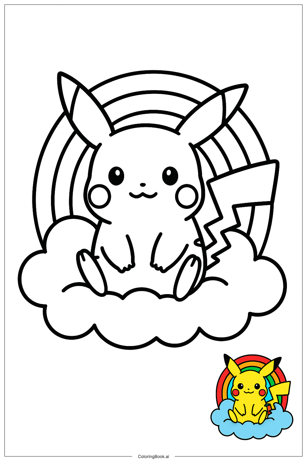  Pikachu Sitting On Cloud With Rainbow Coloring Page 