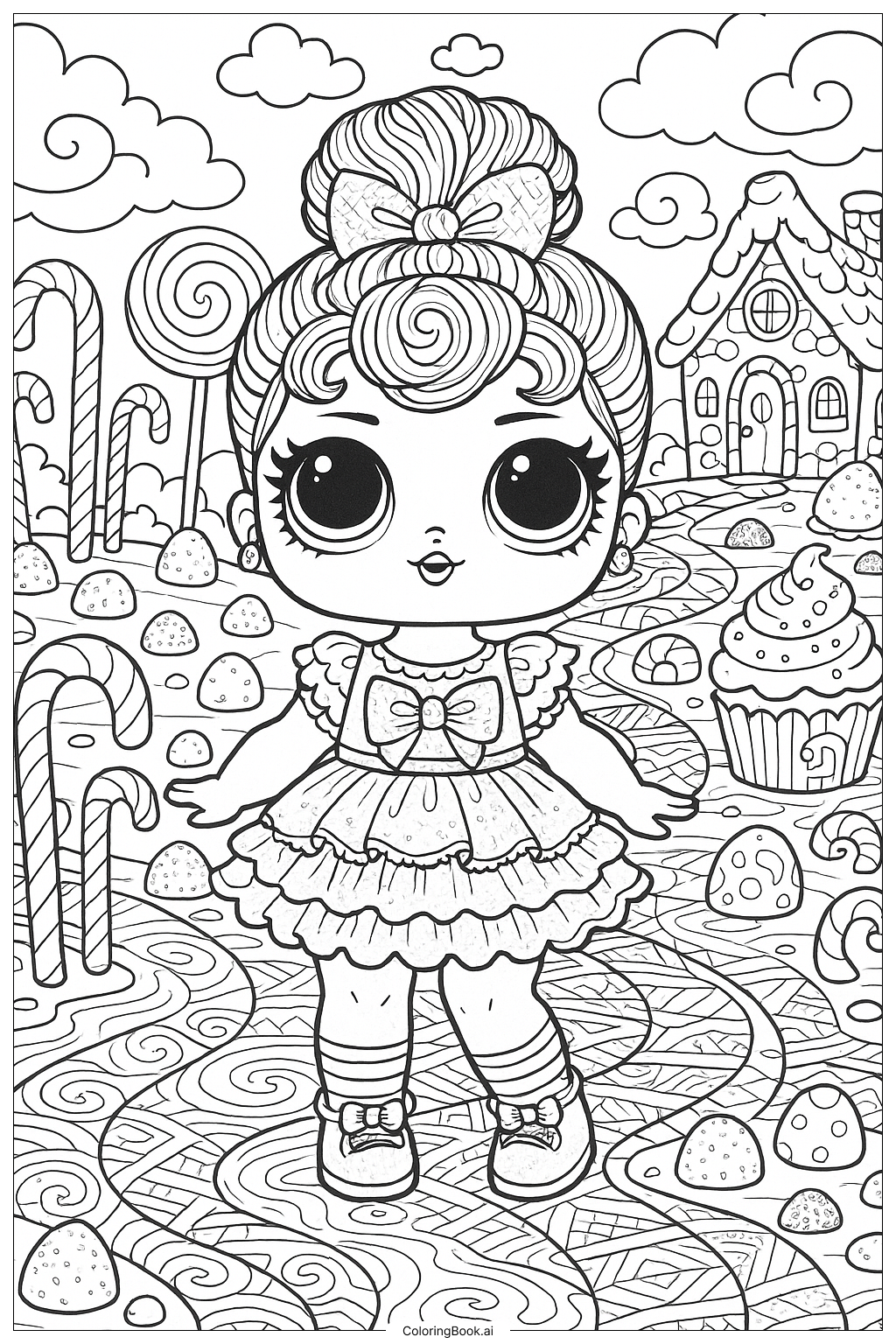 Página para colorir de Lol Doll em uma Terra Doce e Colorida