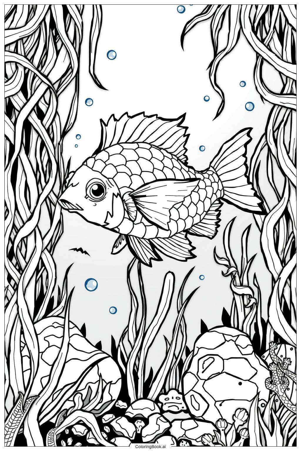  Page de coloriage Poisson nageant à travers des algues colorées -2 