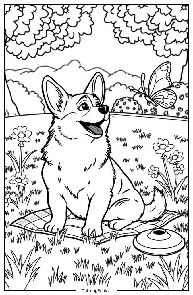  Página para colorir de Corgi Fofo Sentado 