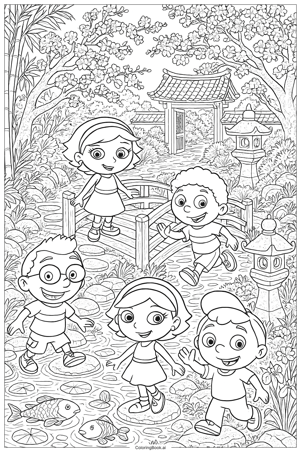  The Little Einsteins In A Detailed Japanese Garden Coloring Page 
