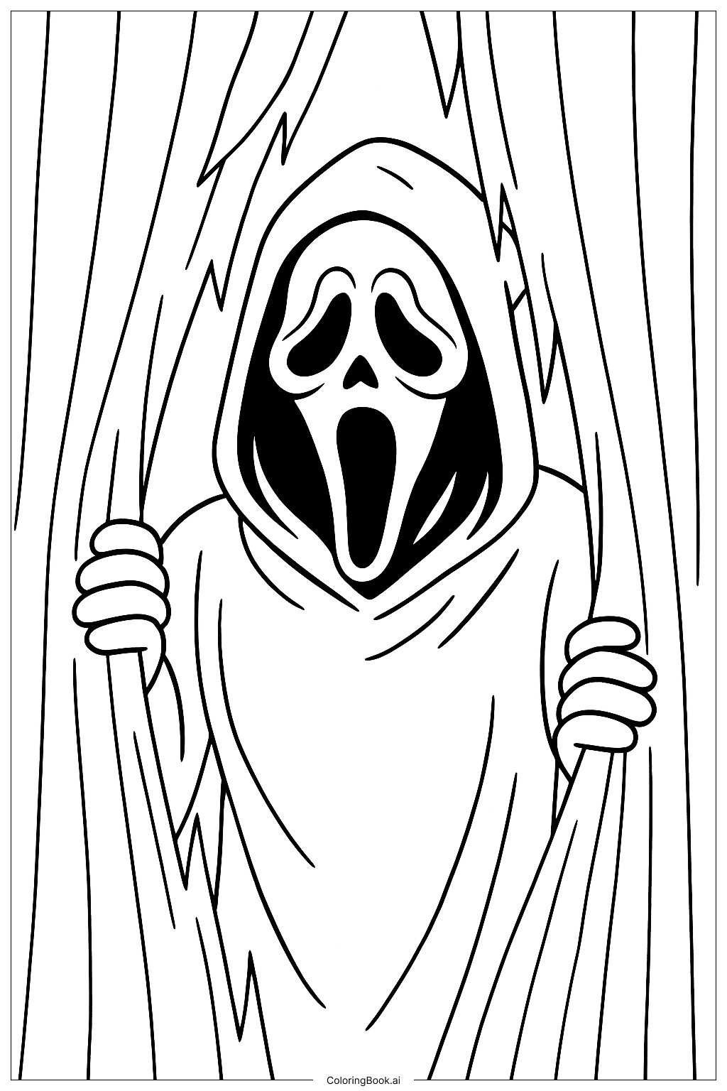 Página para colorear de Ghostface mirando a través de una cortina rasgada 