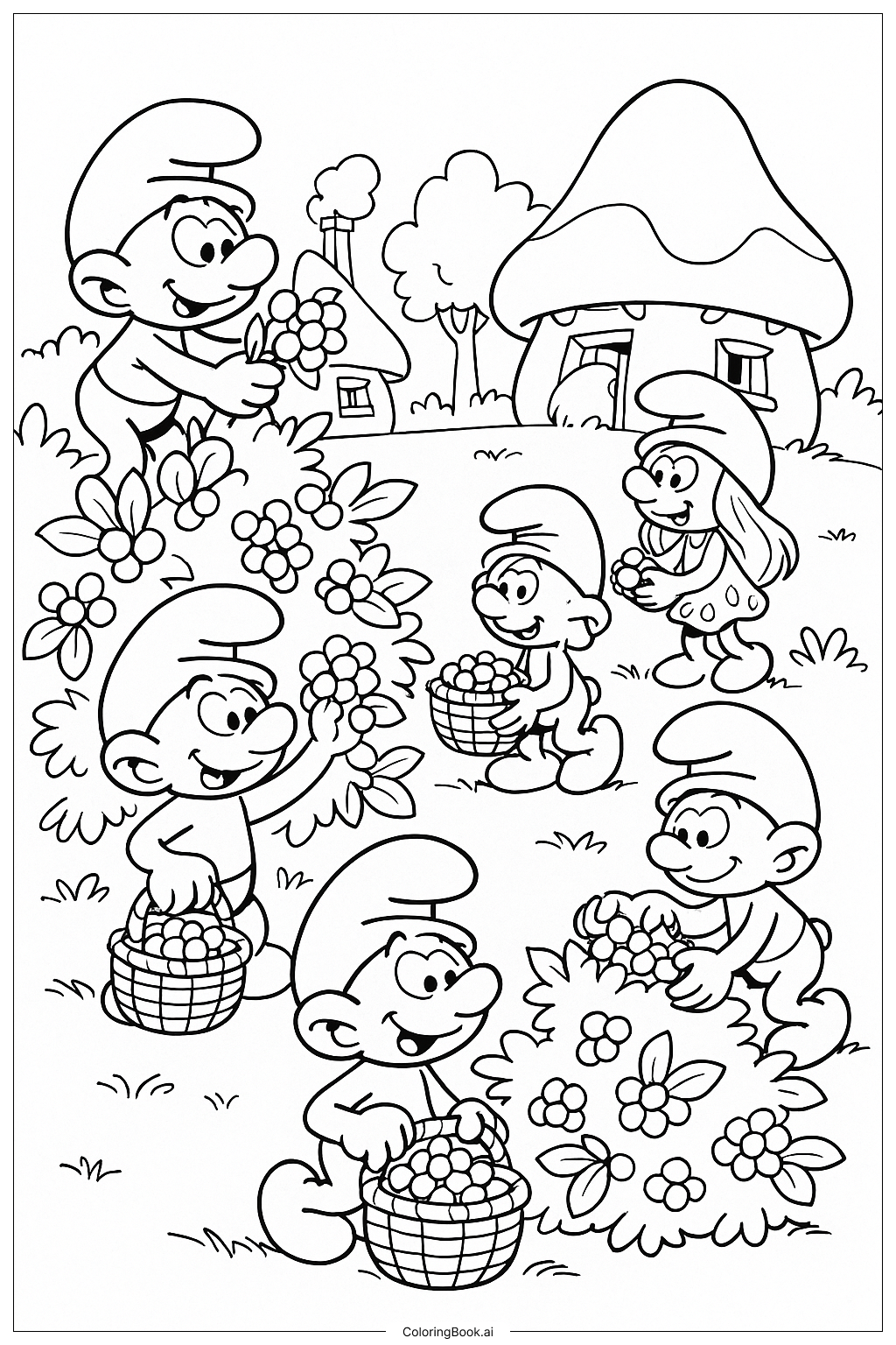  Smurfs Harvesting Smurfberries Together Coloring Page 