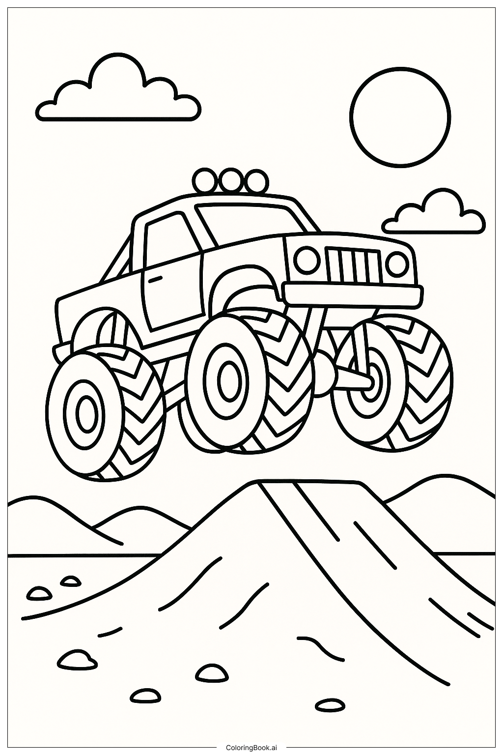  夕暮れのモンスタージャムトラックの塗り絵ページ 