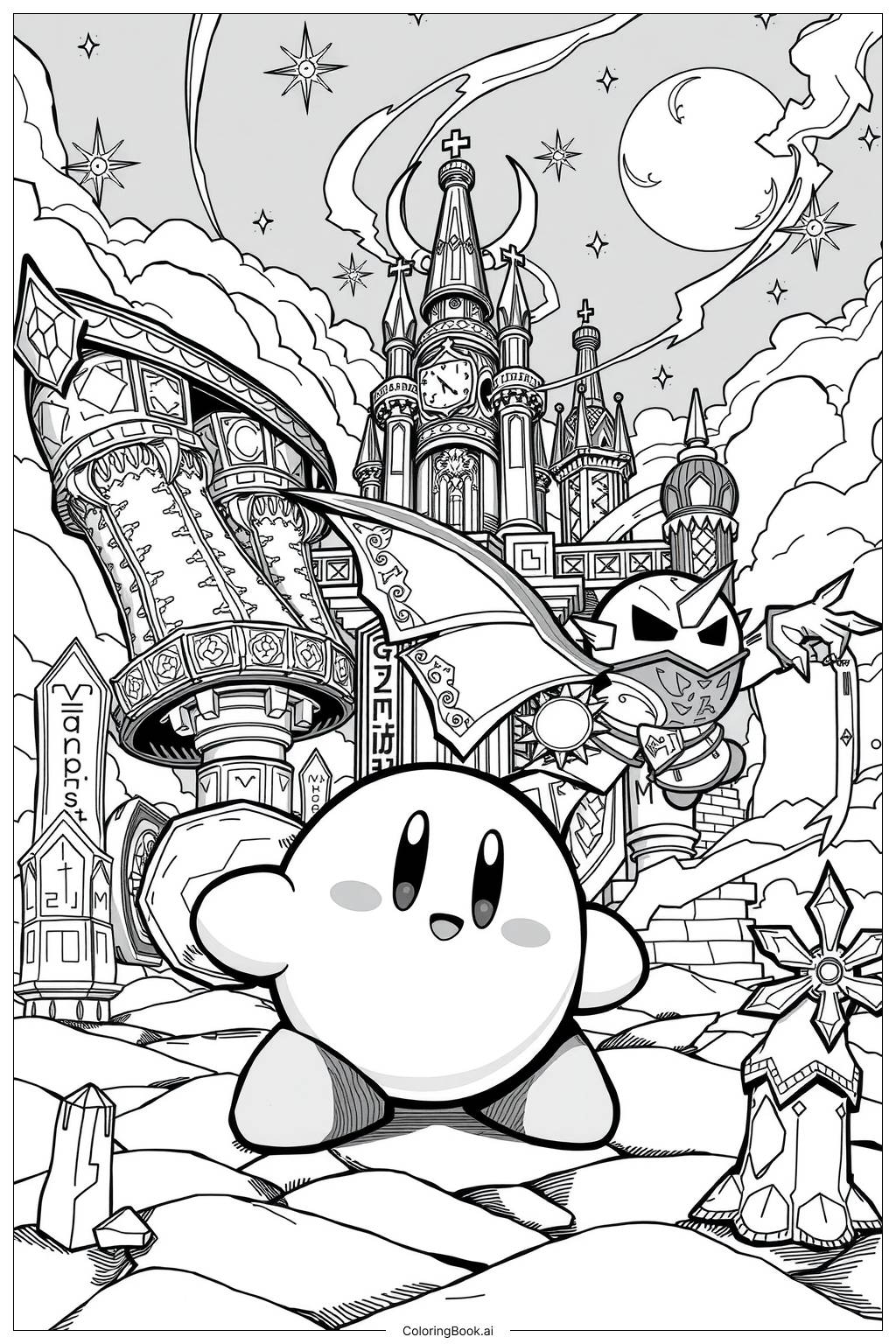  Kirby teaming up with Meta Knight Coloring Page 