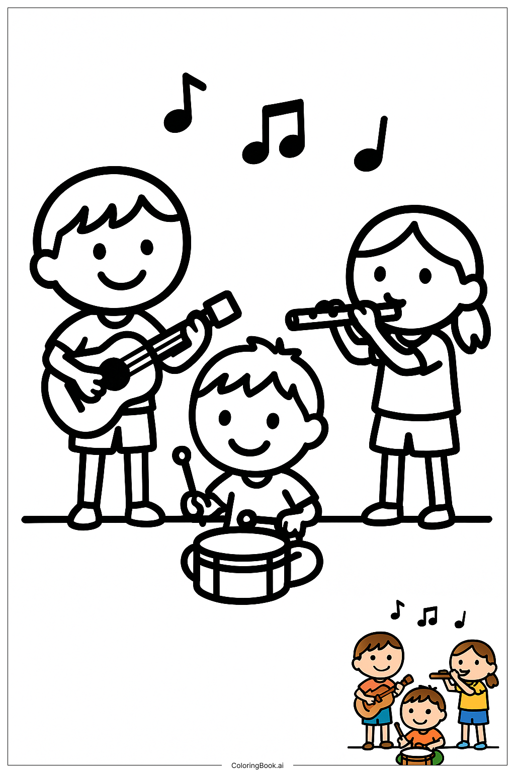  Friends Practicing Musical Instruments著色頁 