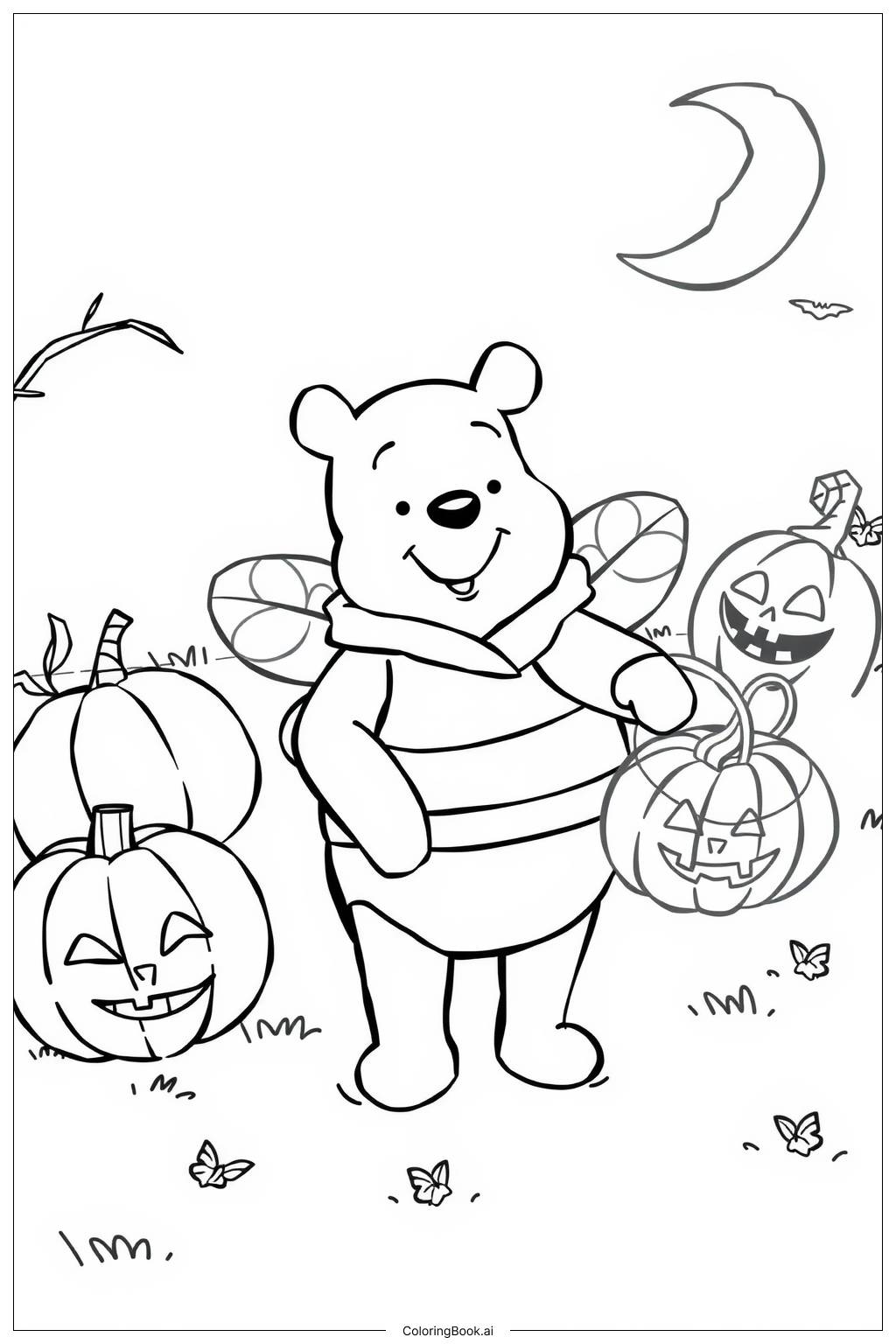  Trang tô màu gấu Pooh Halloween bí ngô 