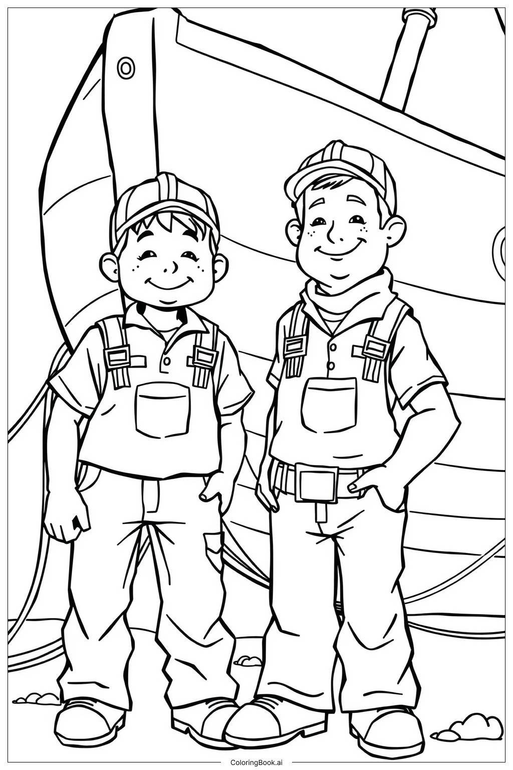  Page de coloriage Constructeurs de bateaux travaillant sur une coque en bois 